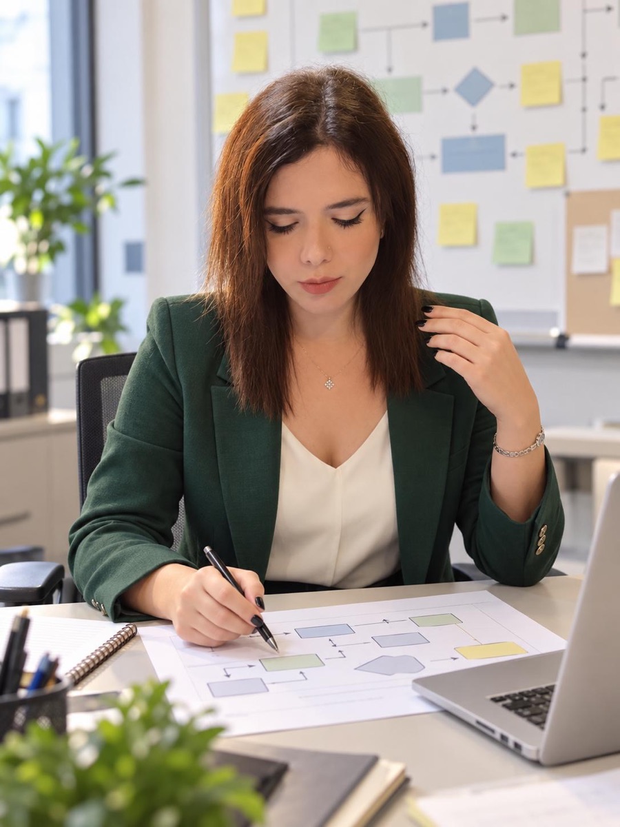 Betul Kurt sketching a process flowchart at her desk